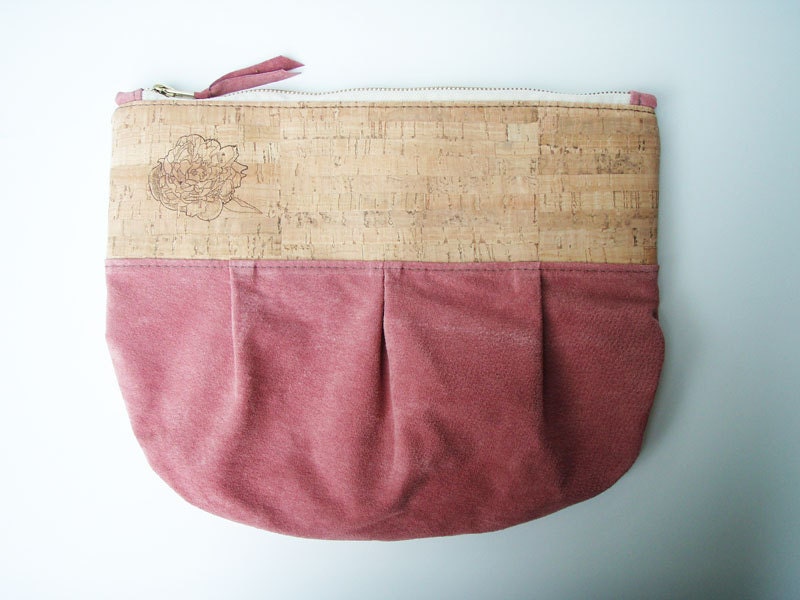 Cork and Suede Clutch-brass zipper / Bridesmaid Gift