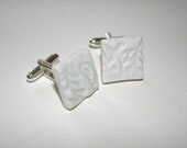 Cufflinks in square porcelain ceramic, impressed, white, silver plated cufflink bar