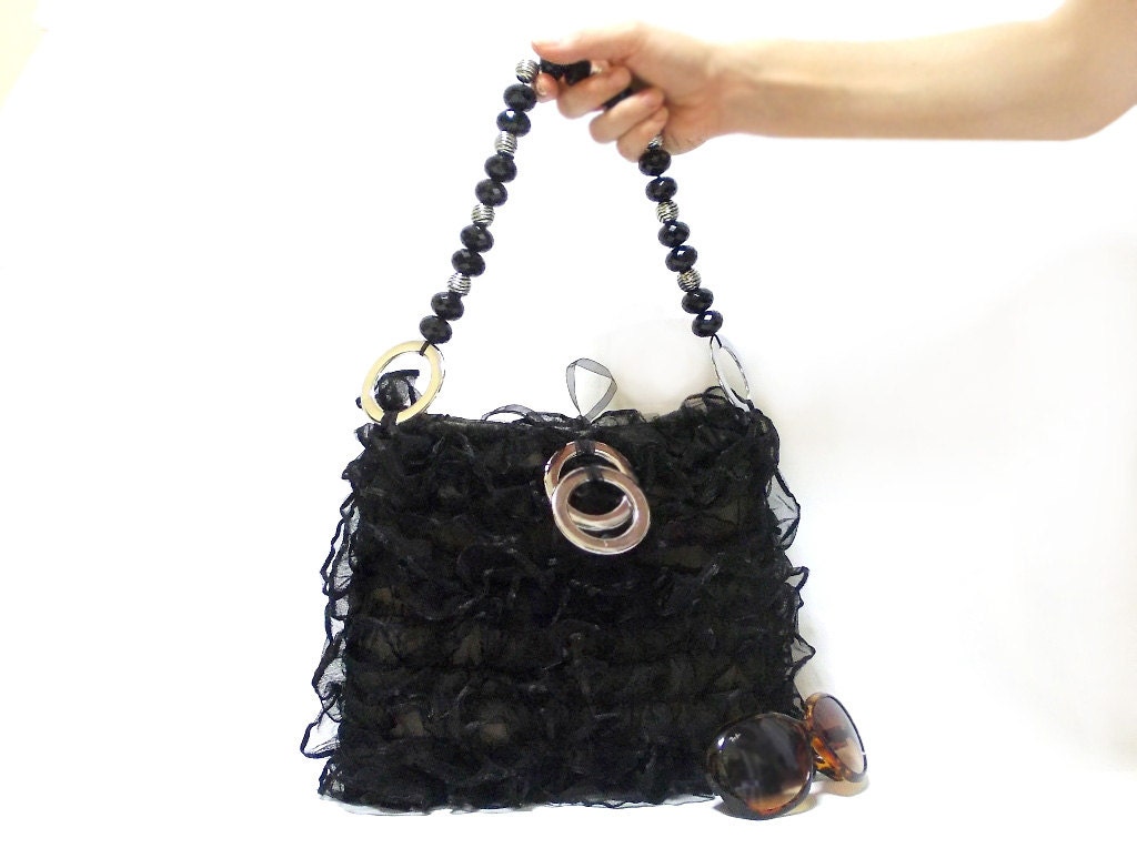 Free Shipping- Handmade Purse- Tulle Lace Purse- Black Bag- Cotton Lace purse- Tulle handbag- Unique handbag- Useful handbag- Pouch