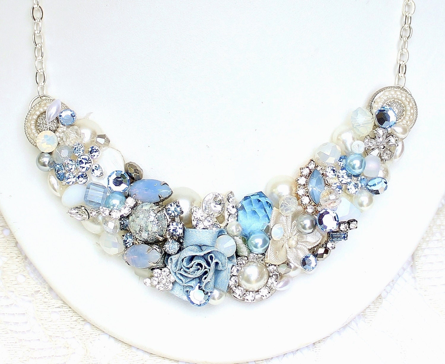 Blue Bridal Bib Necklace- Something Blue Statement Necklace- Brooch Necklace- Vintage Inspired Wedding Jewelry