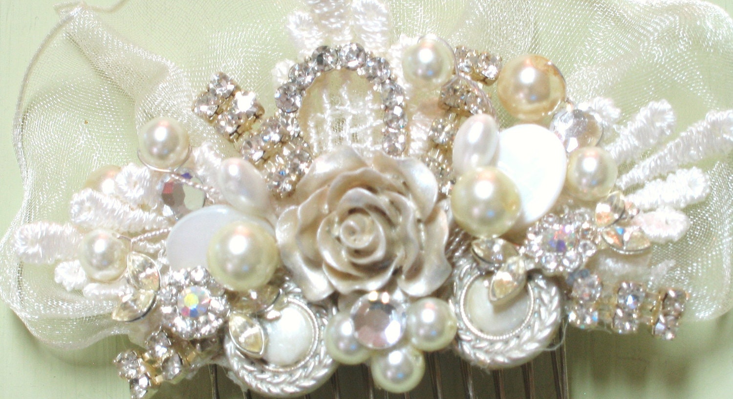 Romantic Bridal Hair Comb in Ivory with Champagne Rose- Rhinestone & Pearl Wedding Hair Piece- Hair Accessories