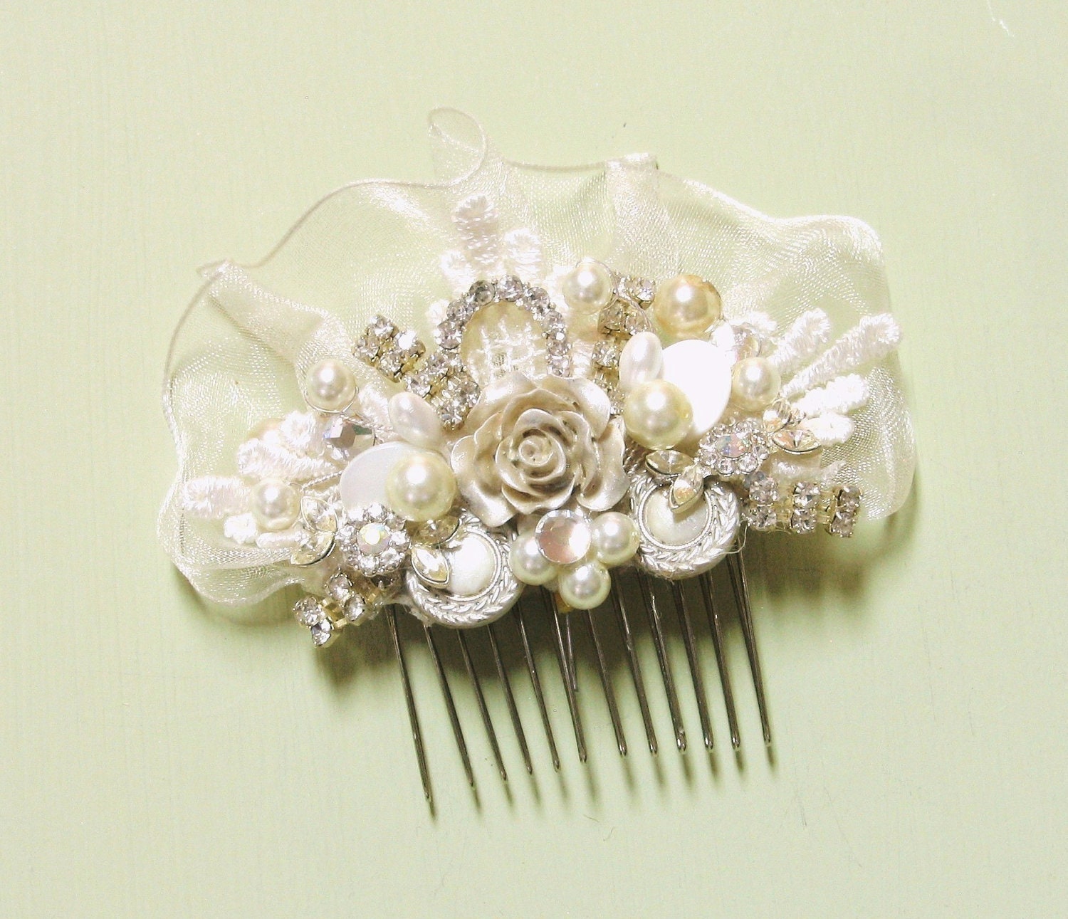 Romantic Bridal Hair Comb in Ivory with Champagne Rose- Rhinestone & Pearl Wedding Hair Piece- Hair Accessories