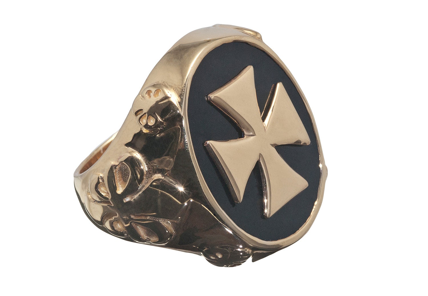 Black Onyx HeraldicTemplar (Larger) Cross Gold Plated 925 Ring