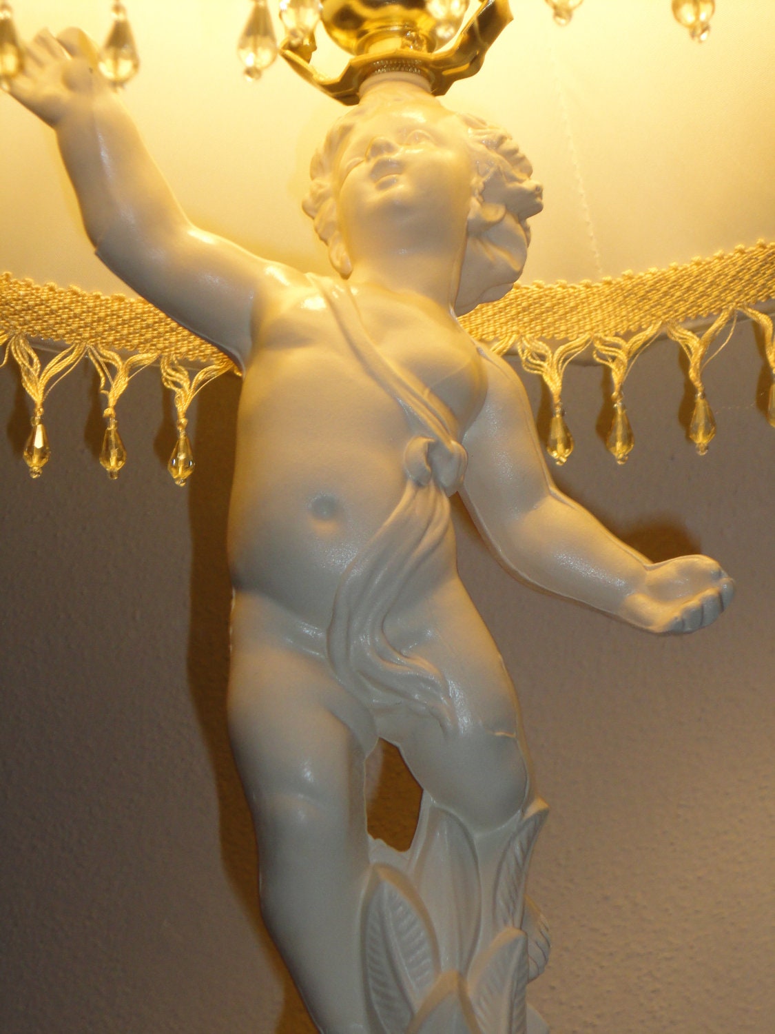 LAMPS  SET of 2  -PAIR of Antique Figural Cherub Lamps Beaded Shade Swarovski Crystal Lamp Finials