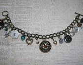 Turquoise & Antique Brass Colored VIntage  Forget Me Not Charm Bracelet