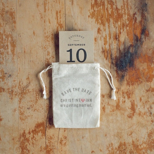 Rustic Muslin Bag Kraft Save the Date and Envelope with Hand-Stamped Return Address