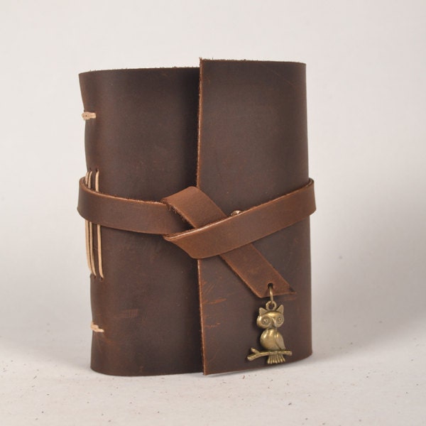 Leather journal handmade,blank notebook,diary,unique,vintage journal,travel diary,mini journal,brown,with vintag owl,gift