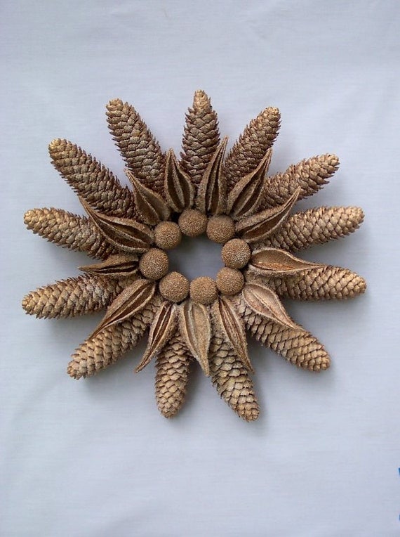 Frosty Golden Pine Cone Wreath Holidays or Winter