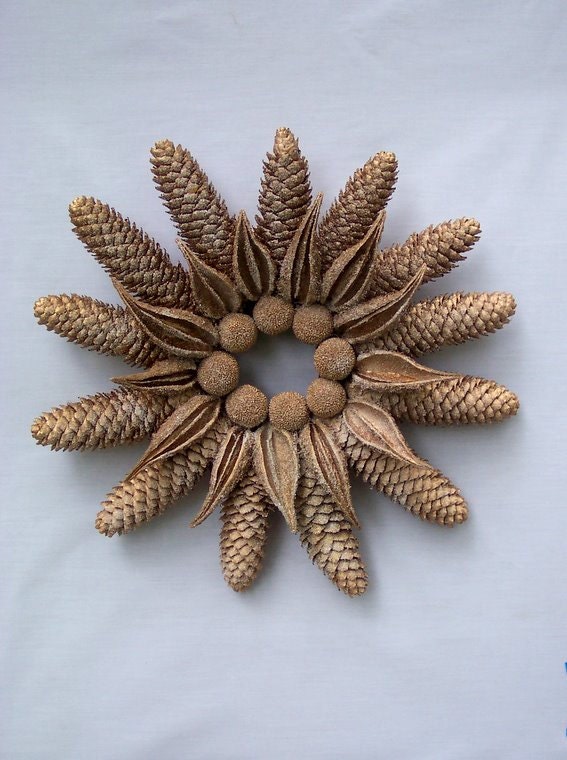 Frosty Golden Pine Cone Wreath Holidays or Winter