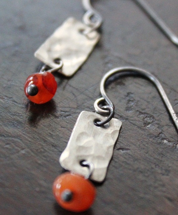 Silver carnelian earrings, Tiny ticket earrings, Orange stone earrings