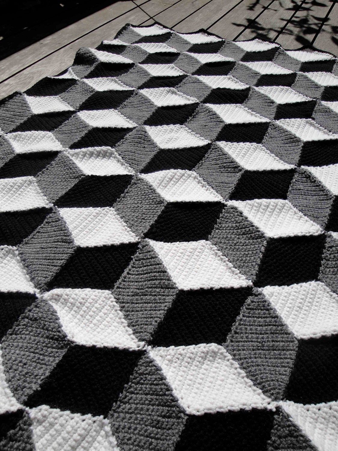 Isometric Blanket / Afghan - Geometric Black White & Grey Crochet