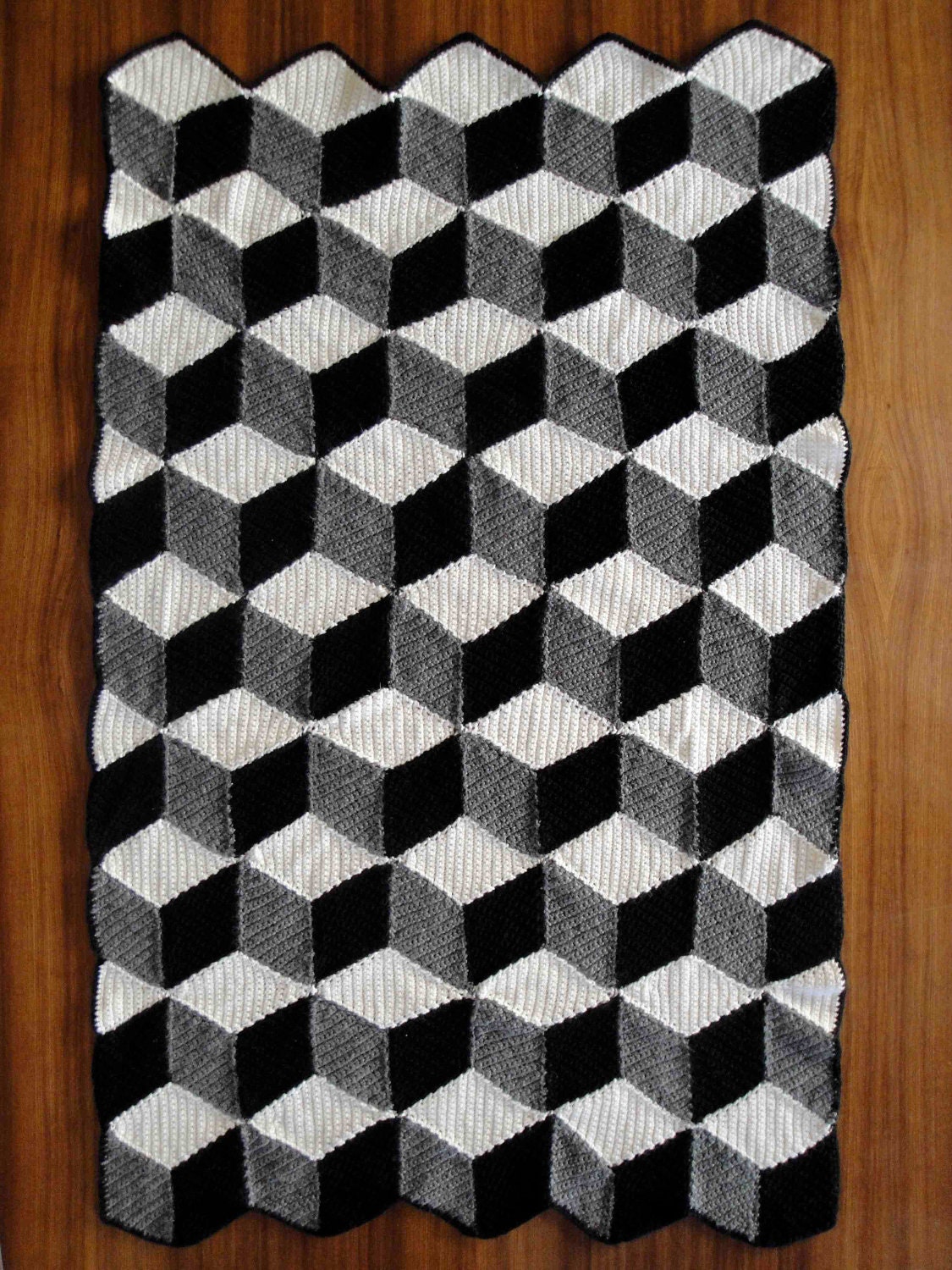 Isometric Blanket / Afghan - Geometric Black White & Grey Crochet