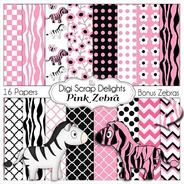Pink Zebra Papers w Black Pink Zebra Clip Art for Birthday Party Invitation, Card Making, Party Printables, Instant Download