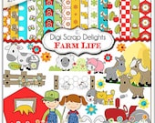 Farm Clip Art: Barn,Tractor, Animals, Horse, Cow, Chicken for Invitations, Cards, Collage Sheets, Crafts, Instant Download