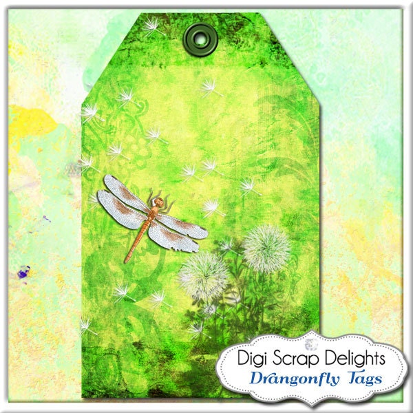 Digital Collage Sheet: Dragonflies & Dandelions  Green Tags for Jewelry Holders, Printable Backgrounds for Scrapbooking, Instand Download