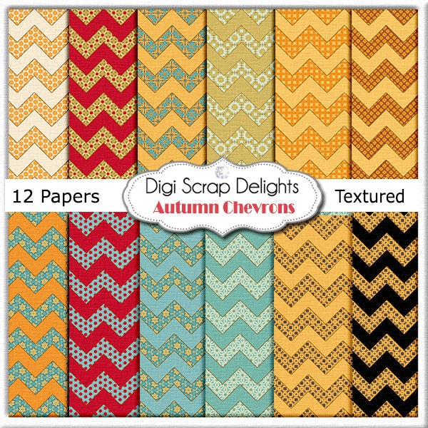 Autumn Chevron Digital Papers for Digital Scrapbooking, Fall Card Making, Crafts, Web Design Linen Textured, Instant Download