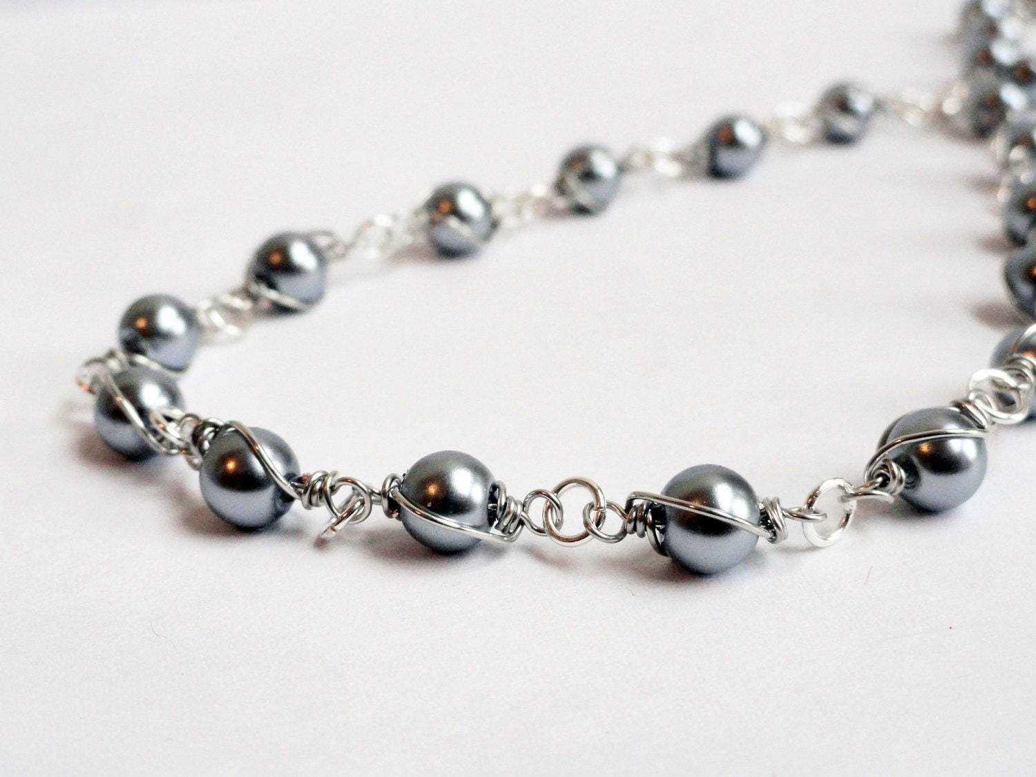 Caged pearl necklace - wire wrapped beads - gray pearl necklace - glass pearl necklace - wire wrapped beads