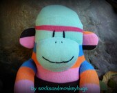 sock monkey,  FREE HEART or MONOGRAM patch, sock monkeys, sock monkey plush, sock monkey doll, blue sock monkey, pink sock monkey,