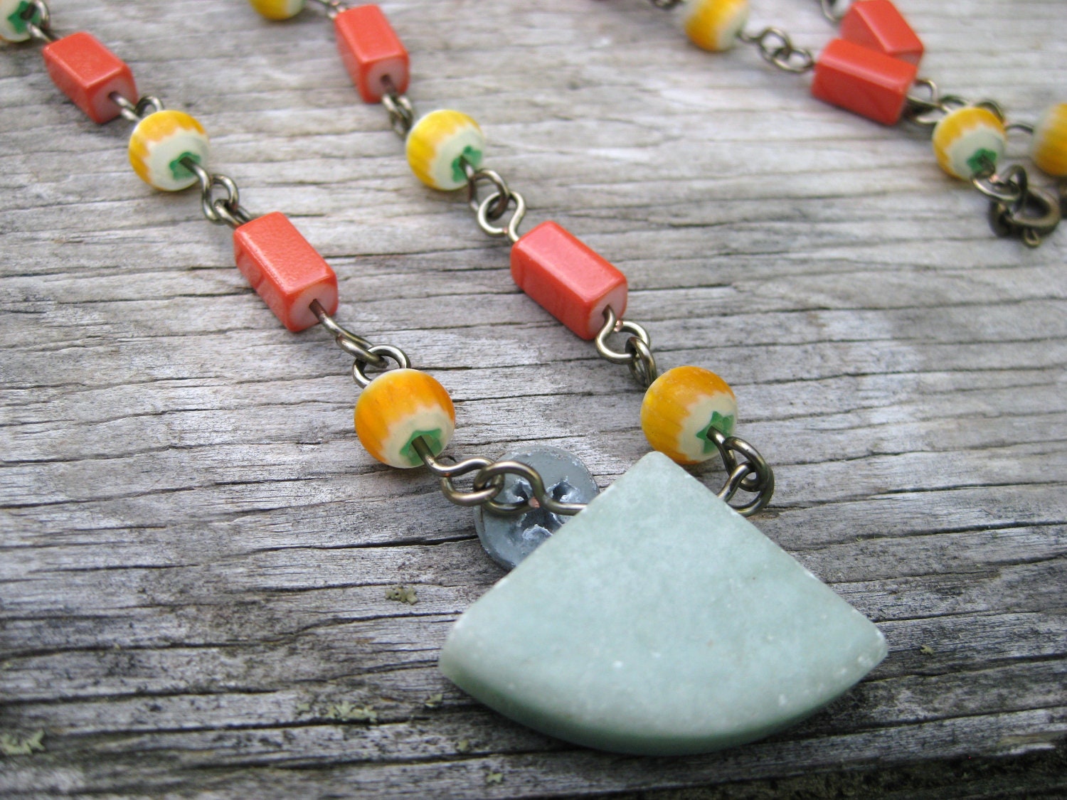 Geometric Necklace - Green Marble, Yellow, and Orange Beaded Necklace