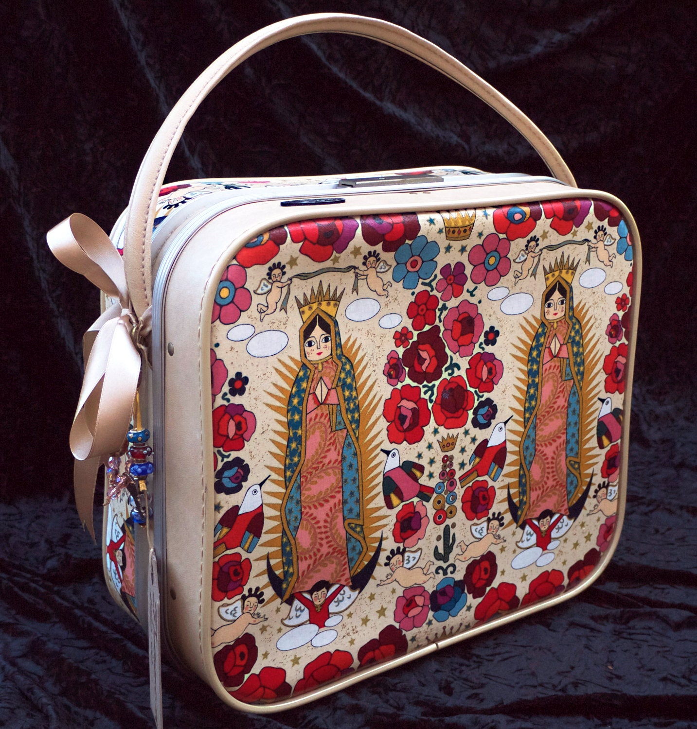 Unique Upcycled Decoupage 'La Virgencita' Vintage Weekend Case Small Suitcase Train Case