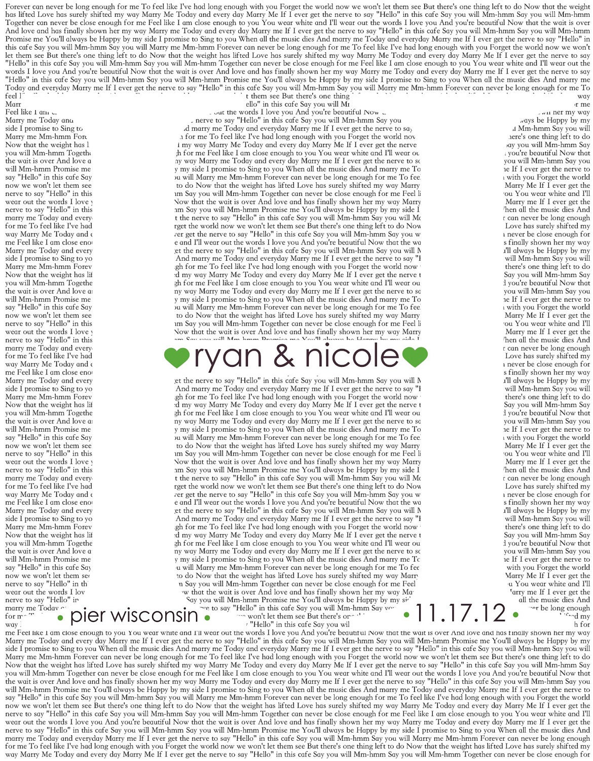 Personalized Wedding Print 10x13 First Dance Lyrics or Vows Beautiful Wall Art with Heart Embeliishments Ready for Frame- Free Shipping