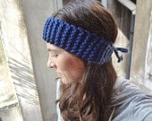 Chunky Knit Headband - navy with slate blue ties - womens or teen gift earwarmer hair band dreadlocks wrap fall winter fashion