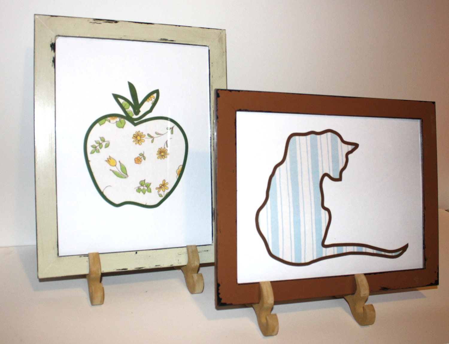 FREE SHIPPING / Apple Print in Light Green Frame or Cat Print in Adobe Brown 8.5 x 11 Narrow Frame // Picture // Floral and Striped Pattern