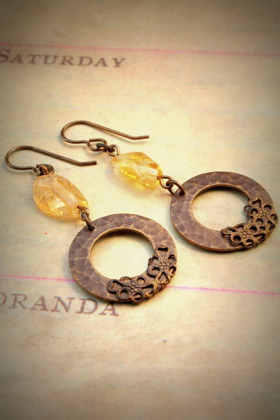 Hammered Hoop Citrine Gemstone Brass Artisan Earrings - OLD STOCK