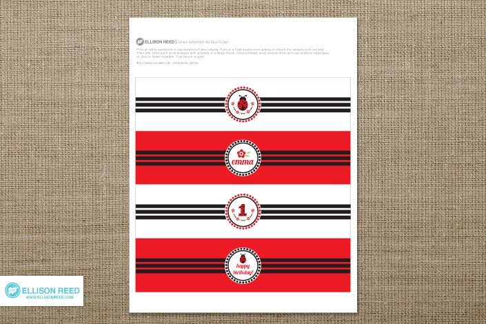 Ladybug printable - First Birthday - Ladybug Birthday - Printable Party - ladybug drink wrap - flowers - red - polka dots - DIY printable Il_570xn