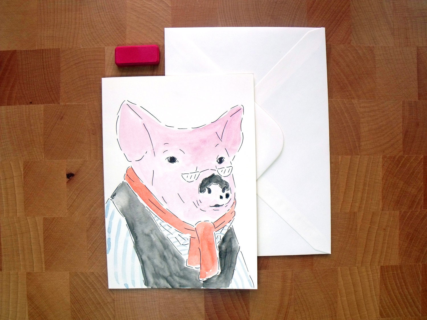 Animal Greeting Card - Hand Painted Original Art  - Monsieur Cochon - Animal in Suit / Clothes - Pig Painting