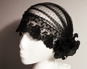 20s Black Rose Flower Cap Swiss Dots Lace Netting Polka Dot Tulle Floral Veil - Bridal Hat