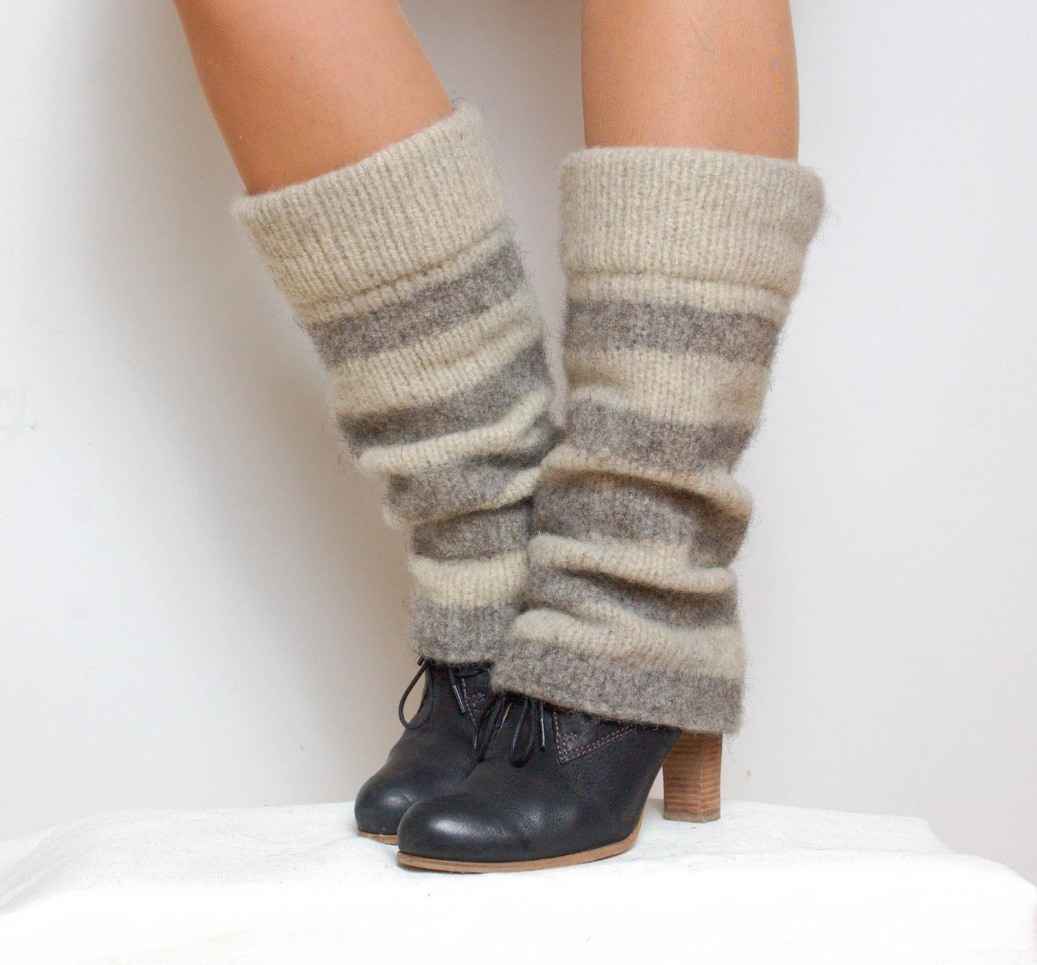 Boiled wool striped leg warmers - knit leg warmers - felted organic wool socks