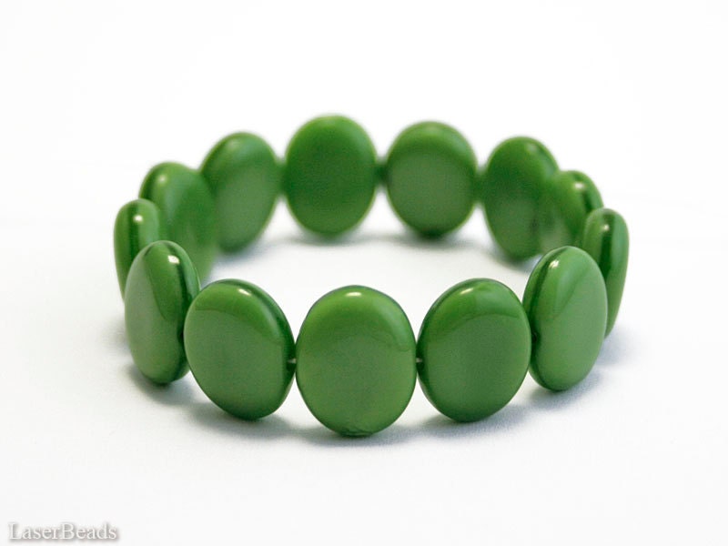 Green Oval Czech Beads 10mm (15) Pressed Opaque Flat Grass Spring