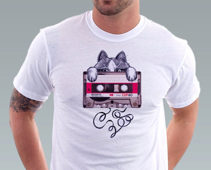 Music Shirt Cassette Tape T-Shirt Vintage Sony Retro Cassette Tape Kitten Cat Mixed Tape Mens T-shirt - White Tee - Sizes S, M, L, XL, XXL