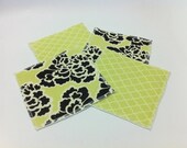 Wash Cloths, Napkins, Reusable Towels - Black and Green Blossom and Light Green Lattice on White Terry Cloth - Set of 4