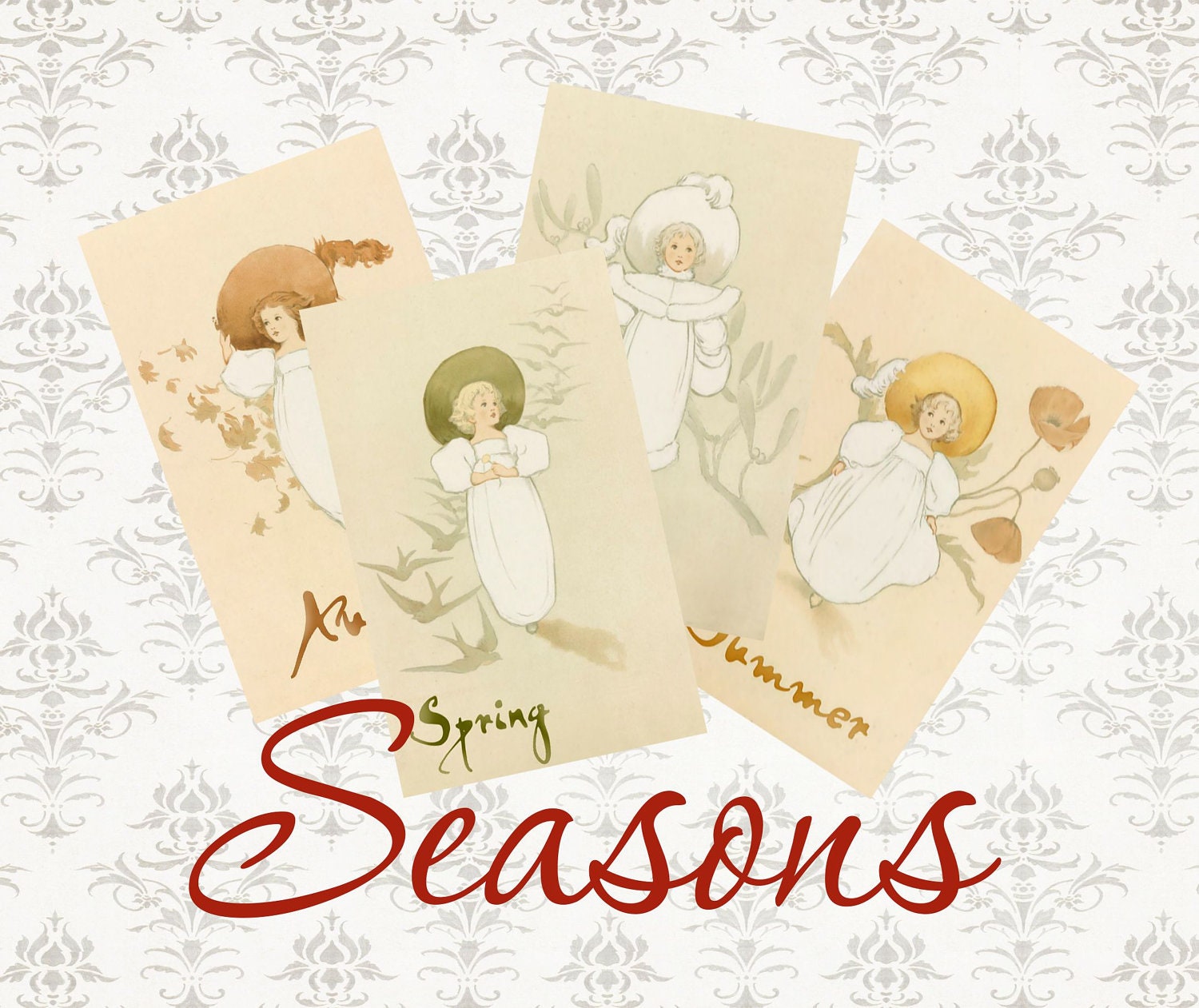 Buy gift tags and printable cards - SET 4 images 5 sheets - SEASONS - Gouache Drawing - ACEO cards, Gift tags, Scrap, Printable - Download and Print
