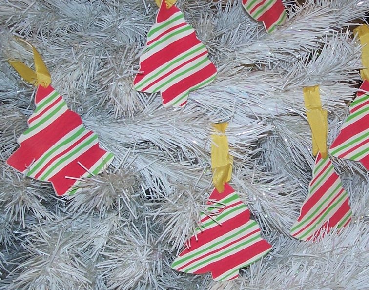 Recycled Record  Candy Cane Striped Christmas Tree Shaped Ornaments- Set of 6