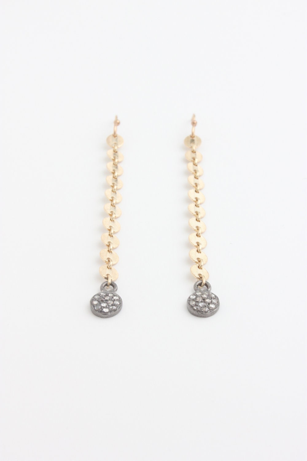 Pave Diamond Earrings Disc Charm Dangle Long Gold Disc Chain Simple Modern 14K
