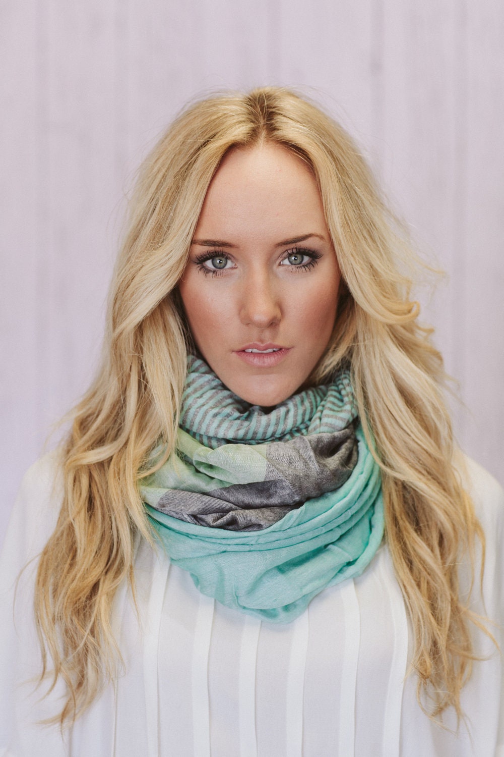 Mint Pashmina Infinity Scarf with Pastel Stripes and Color Blocking - A Chip Off the Old Color Block Scarf (SCF1)