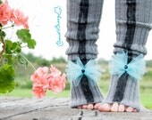 Grey / leg warmers very long knitted decorated hand painted comfortable with blue tulle ribbon accessories women Europeanstreetteam