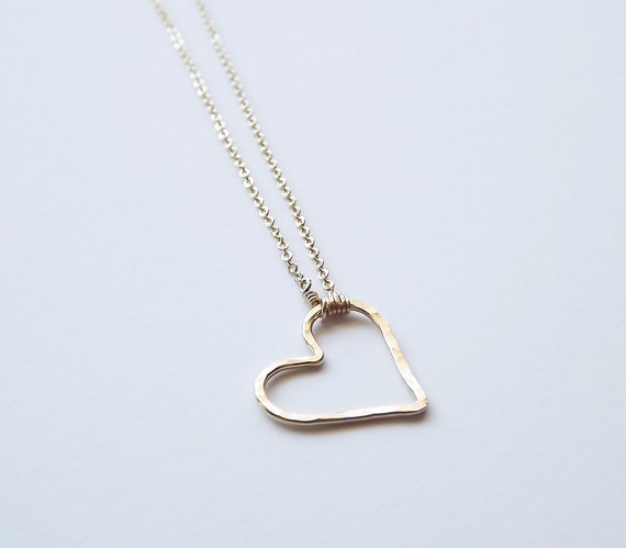 Gold Filled or Sterling Hammered Heart Necklace - Sideways Heart Necklace - Bridesmaid Gifts - Floating Heart Necklace - Love Necklace