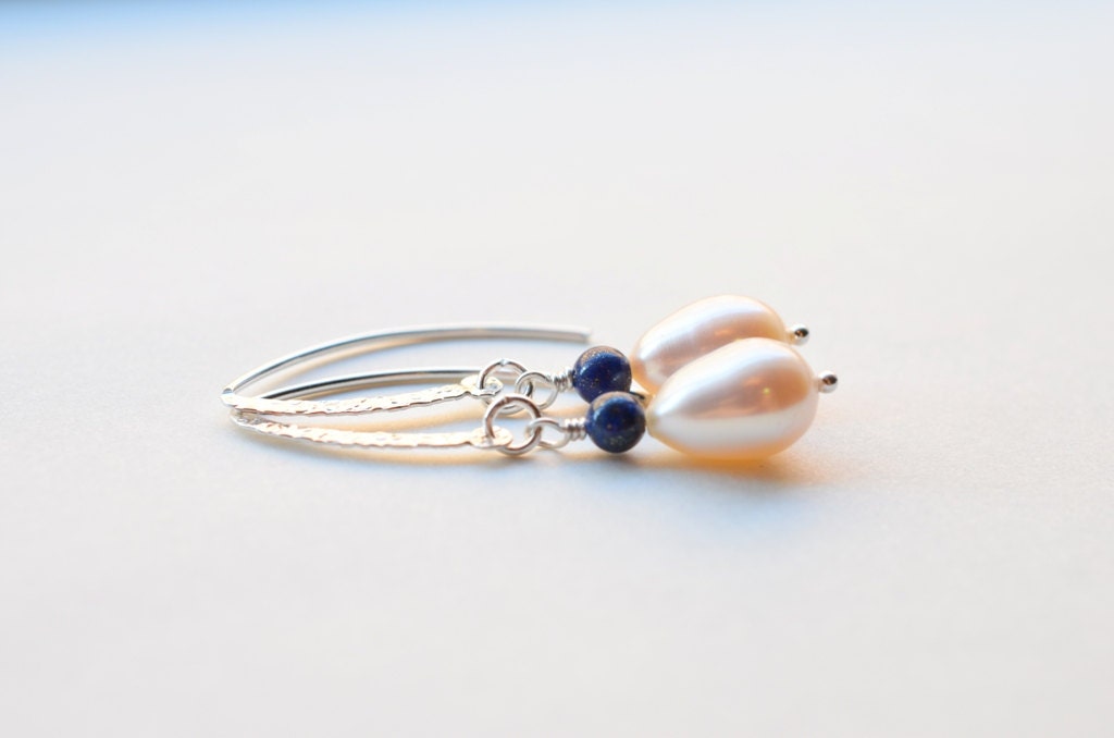 Pearl and Lapis Sterling Silver Wire Wrapped Dangle Earrings, Genuine Gemstone Earrings