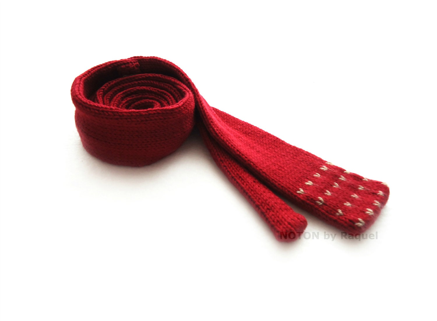 Mens Red Knit Tie with Beige Dots, man dotted handknit necktie, mens accessories, gifts for him