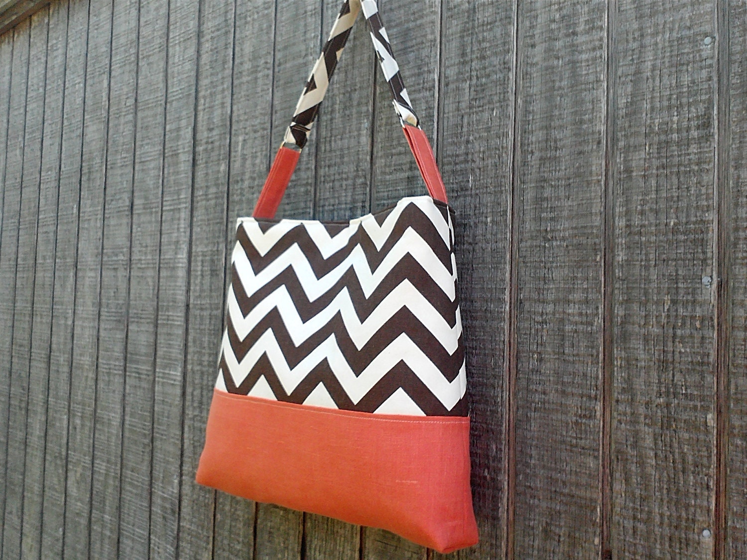 Handbag with Brown Chevron Zig Zag Pattern with Spice Orange