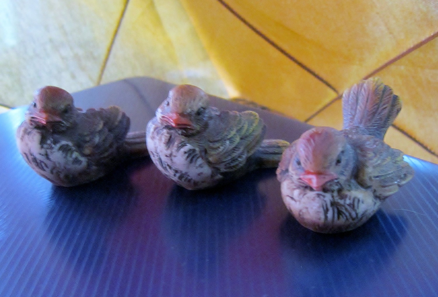 Bird Figurnies set of SEVEN - Carved Cast Stone & Wood