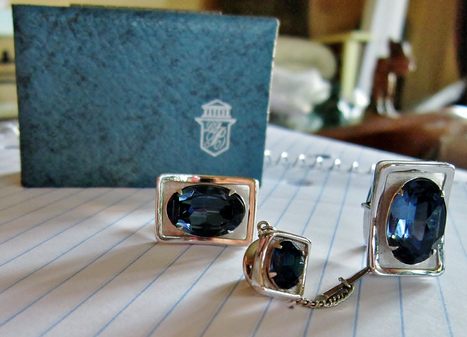 Vintage Balfour Silver Blue Cufflinks TieTack Originial Jewelry Case