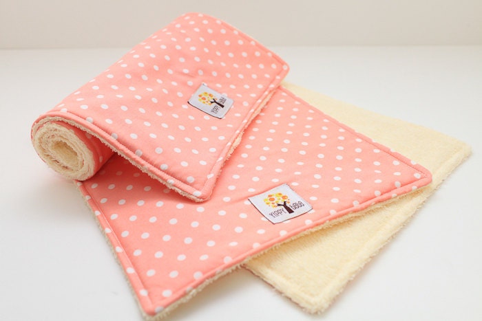 Baby Girl Burp Cloth Peach White Polka Dots - Set of 2