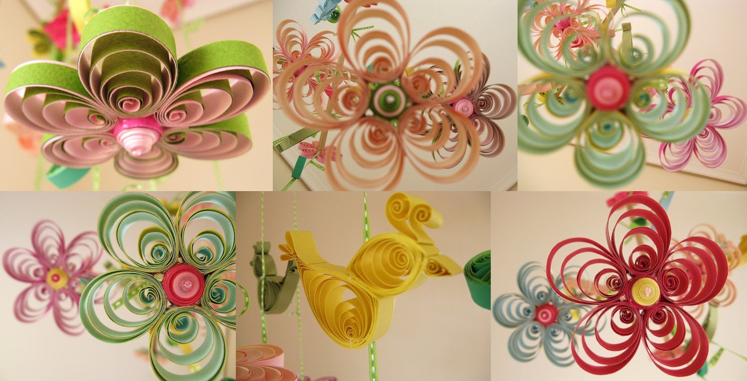 Baby Mobile - Baby Crib Mobile - Baby Nursery Mobile - Birds Mobile -Quilled Mobile -Baby Shower Gift - Birds in Rainbow Garden Handmade 8A