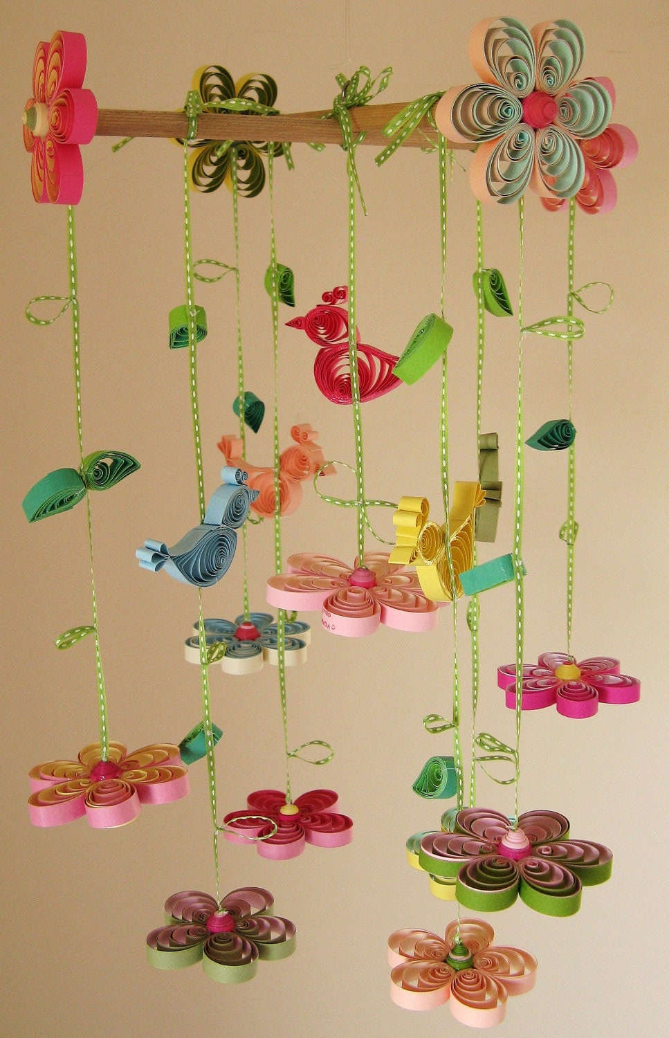 Baby Mobile - Baby Crib Mobile - Baby Nursery Mobile - Birds Mobile -Quilled Mobile -Baby Shower Gift - Birds in Rainbow Garden Handmade 8A
