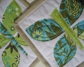 Coasters Mug rugs, set of 2 with Butterfly applique in green, turquoise, white, beige